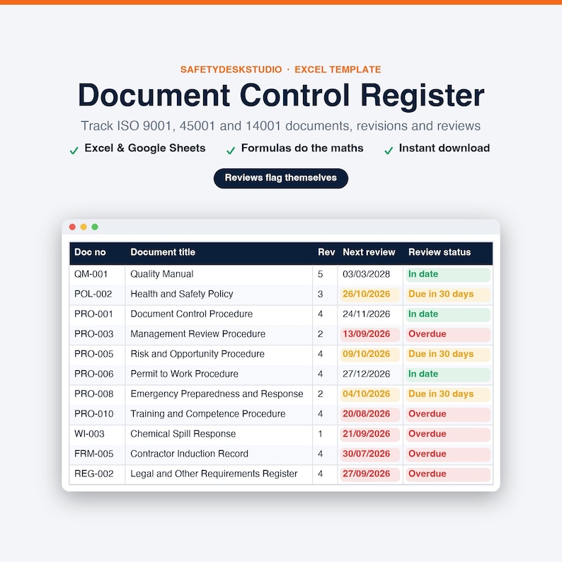 Document Control Register Excel Template | ISO 9001 Review Tracker & Dashboard, Google Sheets image 1