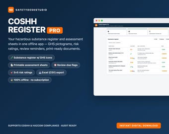 Applicazione web per la registrazione e la valutazione COSHH / Inventario delle sostanze pericolose, pittogrammi GHS, valutazioni del rischio 5x5, fogli stampabili / Sicurezza nel Regno Unito