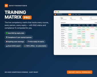 Matrice di formazione / Applicazione web offline per il monitoraggio delle competenze e delle scadenze del personale / Stato RAG automatico, avvisi di conformità, rinnovi dei certificati / ISO 45001