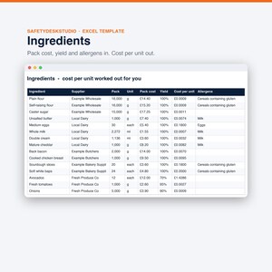 Rezeptkostenkalkulation | Lebensmittelkostenrechner, Menükalkulation, Menügestaltung, Allergenmatrix | Vorlage für Excel und Google Tabellen Bild 5