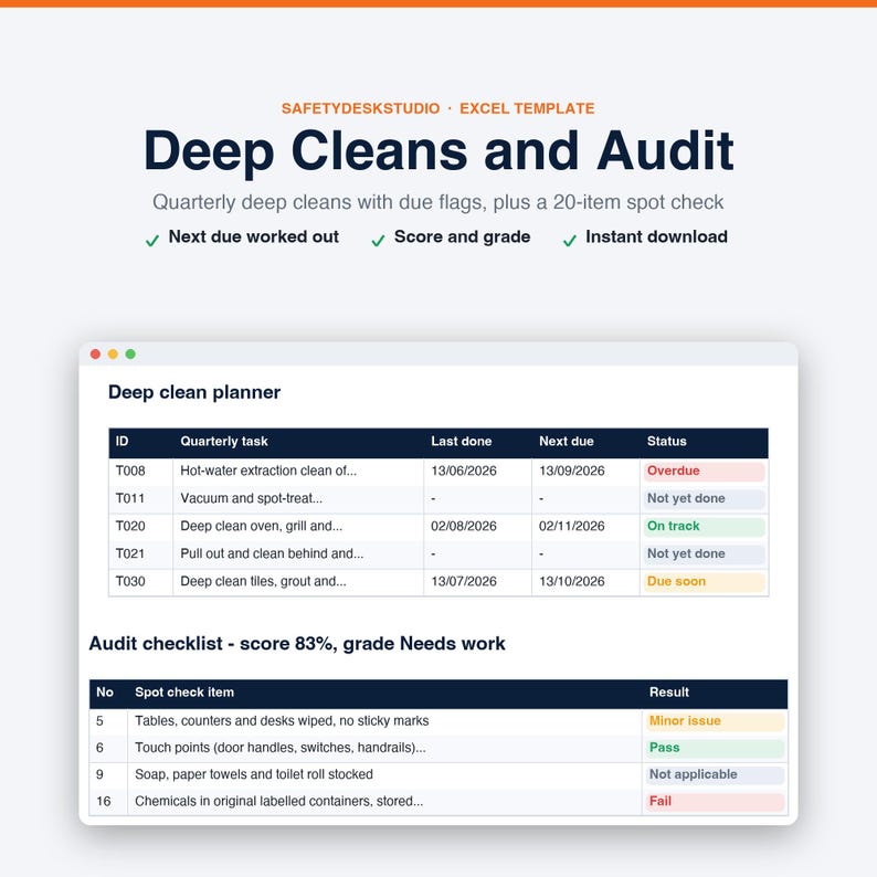 Sjabloon voor schoonmaakschema | Schoonmaakchecklist, schoonmaakrooster voor kantoor en keuken, aftekenlijst | Sjabloon voor Excel en Google Sheets afbeelding 6