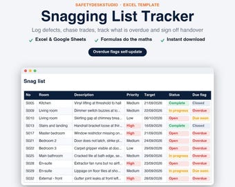 Szablon listy usterek | Śledzenie usterek budowlanych, lista prac do wykonania i lista kontrolna przekazania | Szablon Excela i Arkuszy Google