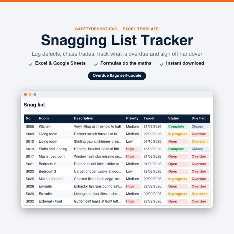 Modello per la lista dei difetti / Strumento di monitoraggio dei difetti di costruzione, lista di controllo finale e checklist di consegna / Modello per Excel e Fogli Google immagine 1