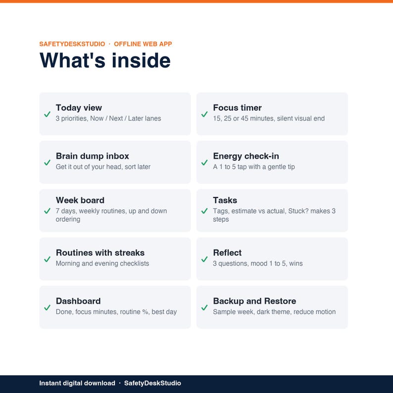 ADHD Planner App | Offline Daily Planner and Focus Timer for Adults | Works in Any Browser, No Subscription image 2