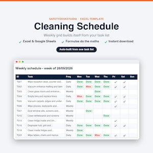 Sjabloon voor schoonmaakschema | Schoonmaakchecklist, schoonmaakrooster voor kantoor en keuken, aftekenlijst | Sjabloon voor Excel en Google Sheets afbeelding 1