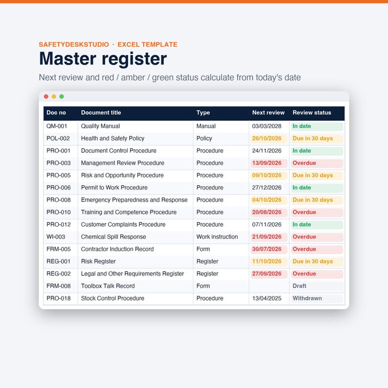 Document Control Register Excel Template | ISO 9001 Review Tracker & Dashboard, Google Sheets image 4