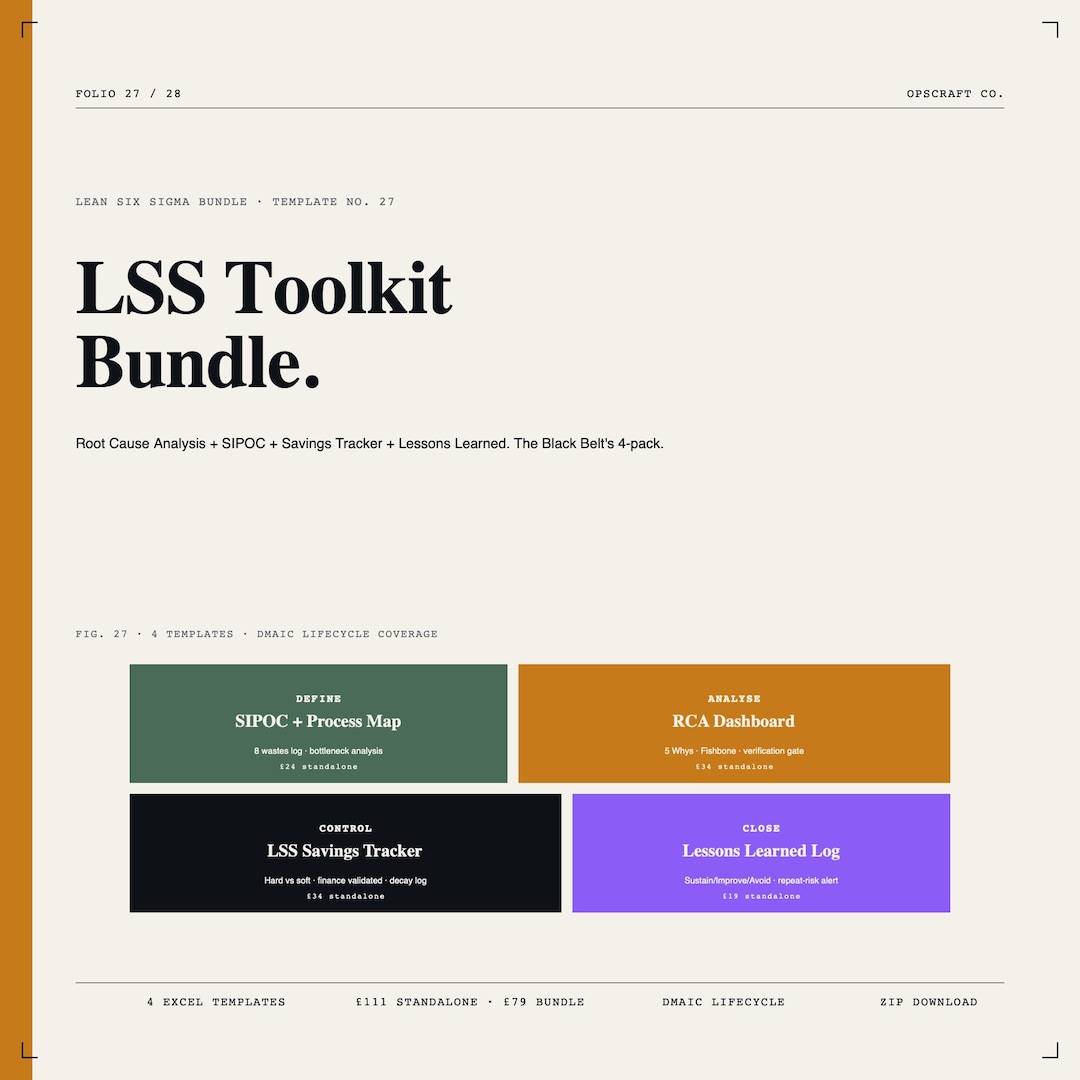 Lean Six Sigma Toolkit Bundle Excel | RCA SIPOC Savings Tracker Lessons ...