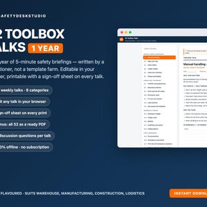 52 charlas de seguridad / Un año de sesiones informativas de seguridad de 5 minutos con hojas de firma / Editable e imprimible / Seguridad en obras de construcción y almacenes imagen 1