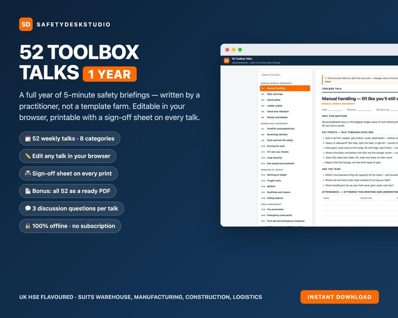 52 charlas de seguridad / Un año de sesiones informativas de seguridad de 5 minutos con hojas de firma / Editable e imprimible / Seguridad en obras de construcción y almacenes imagen 1