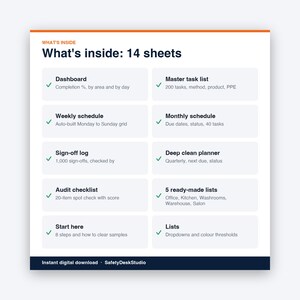 Sjabloon voor schoonmaakschema | Schoonmaakchecklist, schoonmaakrooster voor kantoor en keuken, aftekenlijst | Sjabloon voor Excel en Google Sheets afbeelding 2