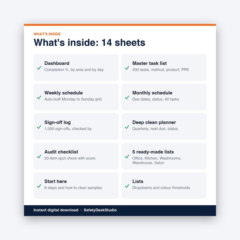 Sjabloon voor schoonmaakschema | Schoonmaakchecklist, schoonmaakrooster voor kantoor en keuken, aftekenlijst | Sjabloon voor Excel en Google Sheets afbeelding 2