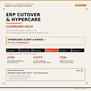 May include: A digital template for "ERP Cutover & Hypercare" on a cream background. The design includes the text "Command Pack" and the statement "Hypercare is not a phase - it's a contract." Features include Notion databases and checklist items.