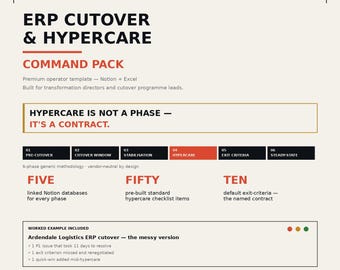 ERP Cutover Checklist & Hypercare Pack | Notion Template + Excel | Go Live Runbook | Programme Management PMO | Exit Criteria Plan