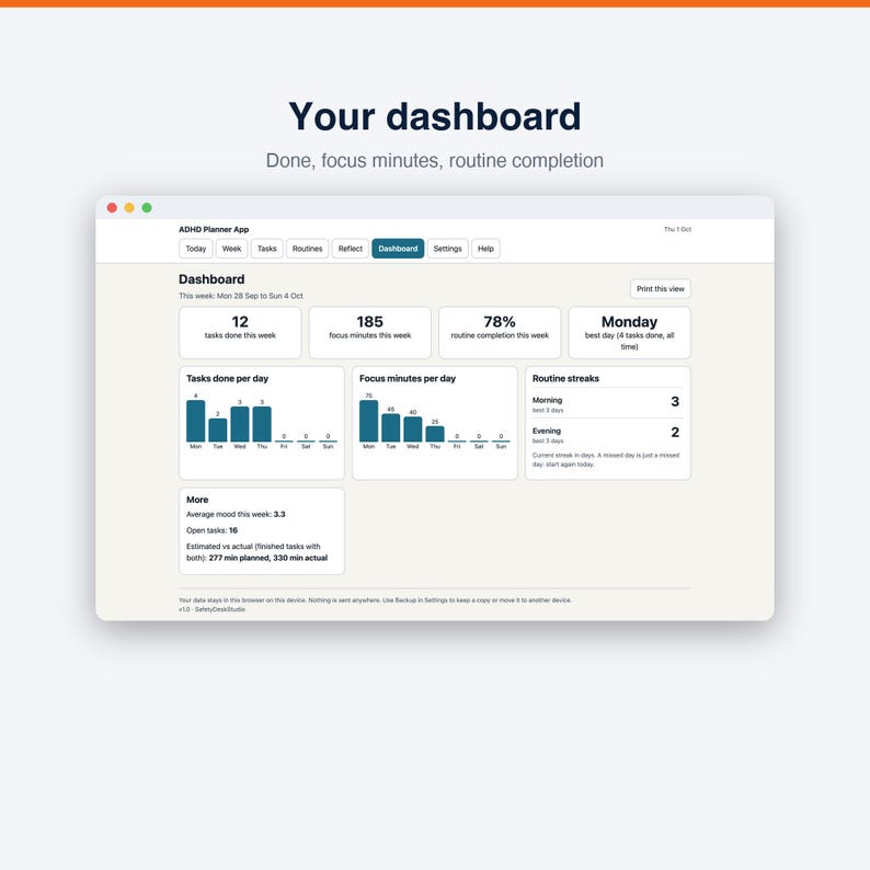 ADHD Planner App | Offline Daily Planner and Focus Timer for Adults | Works in Any Browser, No Subscription image 6