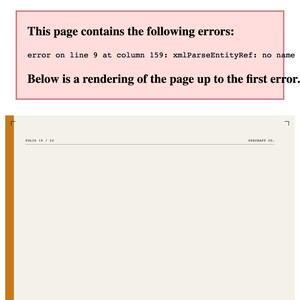 Op de afbeelding: Een documentpagina met de tekst "This page contains the following errors: error on line 9 at column 159: xmlParseEntityRef: no name". Hieronder staat een weergave van de pagina tot de eerste fout. De pagina heeft de tekst "FOLIO 19 / 22" en "OPSCRAFT CO."