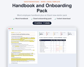 Modelo de Manual do Funcionário (Reino Unido) | Manual da Equipe, Lista de Verificação para Novos Funcionários, Integração e Avaliação do Período de Experiência | Pacote em Word e Excel