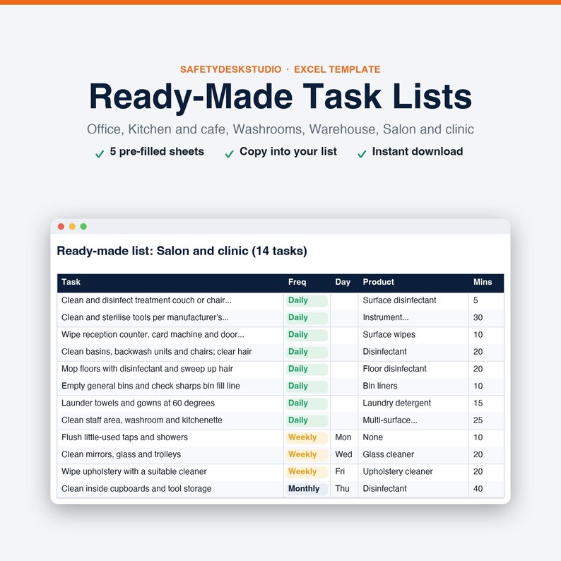 Sjabloon voor schoonmaakschema | Schoonmaakchecklist, schoonmaakrooster voor kantoor en keuken, aftekenlijst | Sjabloon voor Excel en Google Sheets afbeelding 7