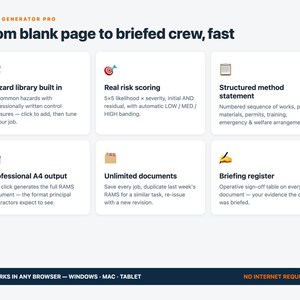 RAMS-Generator | Web-App zur Erstellung von Arbeitsanweisungen und Risikobewertungen | Bibliothek mit 25 Gefahren, 5x5-Bewertung, druckfertiges A4-Format | Für Bauunternehmen in Großbritannien Bild 3