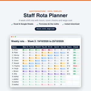 Roostersjabloon, personeelsrooster en ploegendienstplanner, wekelijks en maandelijks rooster met loonkosten | Excel- en Google Sheets-sjabloon afbeelding 1