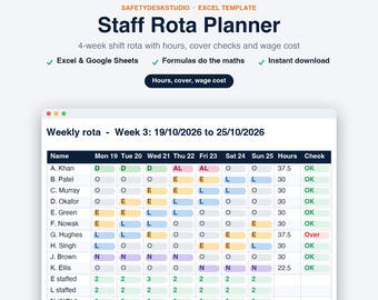 Rota Template, Staff Rota and Shift Planner, Weekly and Monthly Rota with Wage Cost | Excel & Google Sheets Template