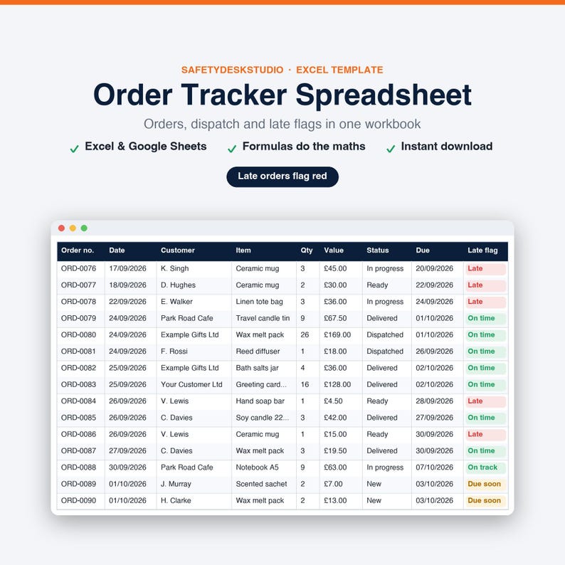 Kalkylblad för orderspårning för småföretag, kundorderlogg, utskicksspårning och försäljningsspårning | Mall för Excel och Google Sheets bild 1