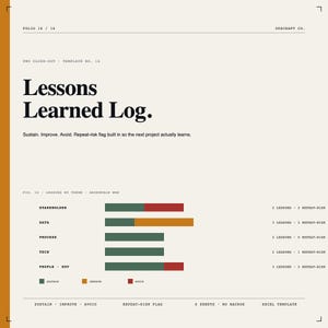 May include: A beige document titled "Lessons Learned Log" with a bar graph illustrating data analysis. The text includes "Sustain, Improve, Avoid" and "Repeat-risk flag." The document is a template with the text "Excel Template."