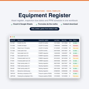Sjabloon voor onderhoudsschema | Apparatuurregister, activa-tracker, PPM-, LOLER- en PUWER-logboek | Sjabloon voor Excel en Google Sheets afbeelding 1