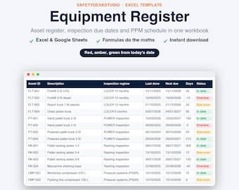 Maintenance Schedule Template | Equipment Register, Asset Tracker, PPM, LOLER and PUWER Log | Excel and Google Sheets Template