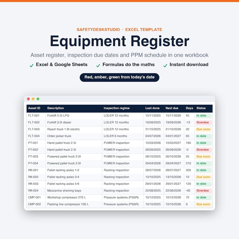 Sjabloon voor onderhoudsschema | Apparatuurregister, activa-tracker, PPM-, LOLER- en PUWER-logboek | Sjabloon voor Excel en Google Sheets afbeelding 1