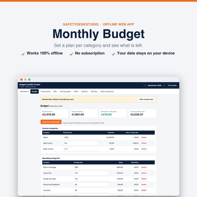 Budget App | Offline Monthly Budget Planner and Bill Tracker for UK Households | Works in Any Browser, No Subscription image 3