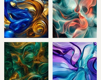 Geblazen glas muurkunst set van 4, bundel muranoglaskunstdruk, kleurrijke abstracte galerijset, digitale download