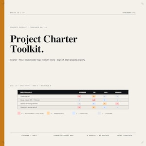 May include: A beige document titled "Project Charter Toolkit." The document includes a table with columns for Deliverable, Sponsor, PM, OPS, and Change. Text includes "Charter sign-off," "Cause analysis," and "Operator re-training delivered."