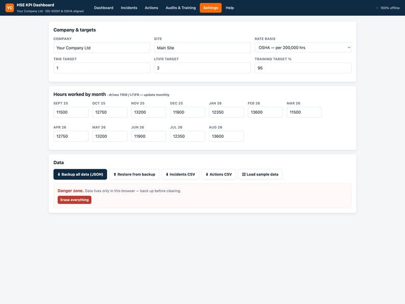 HSE Dashboard | Safety Performance Tracker Offline Web App | Incident Log, Auto TRIR & Injury Rates, Charts, Monthly Report | ISO 45001 image 10
