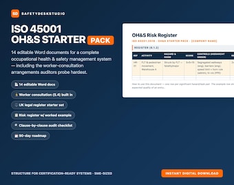 Kit di avvio ISO 45001 / 14 modelli Word modificabili / Manuale sulla salute e sicurezza sul lavoro, registri dei rischi e legali, lista di controllo per gli audit, roadmap di 90 giorni / Sicurezza per le PMI