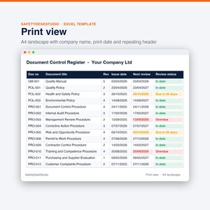 Document Control Register Excel Template | ISO 9001 Review Tracker & Dashboard, Google Sheets image 6