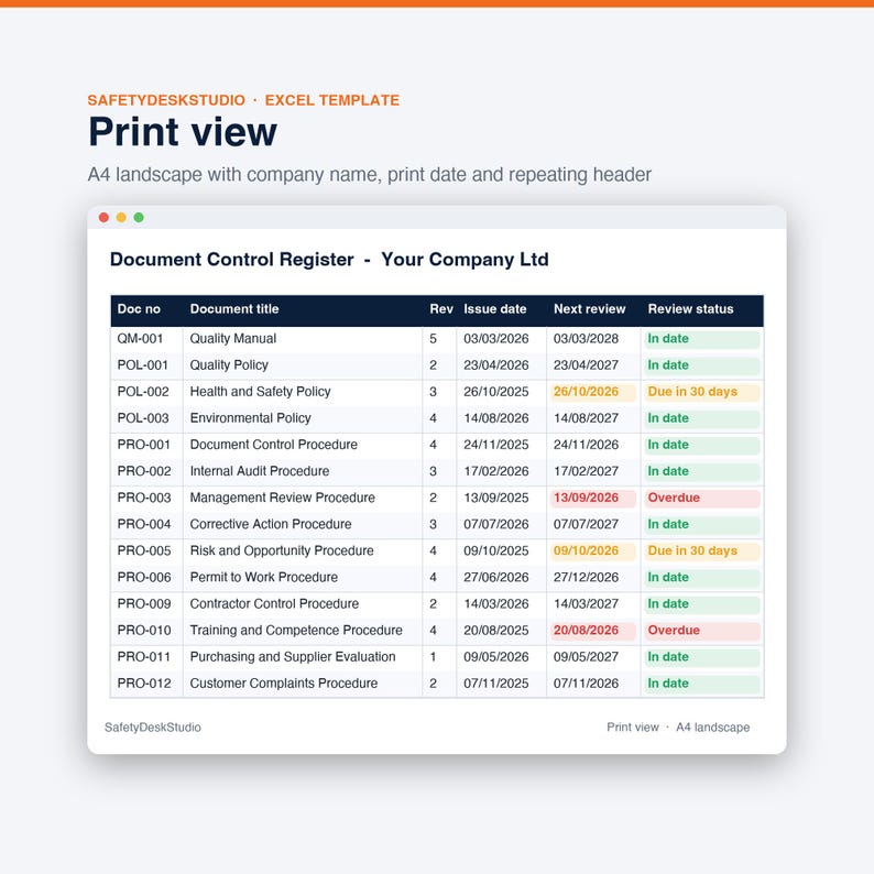 Document Control Register Excel Template | ISO 9001 Review Tracker & Dashboard, Google Sheets image 6