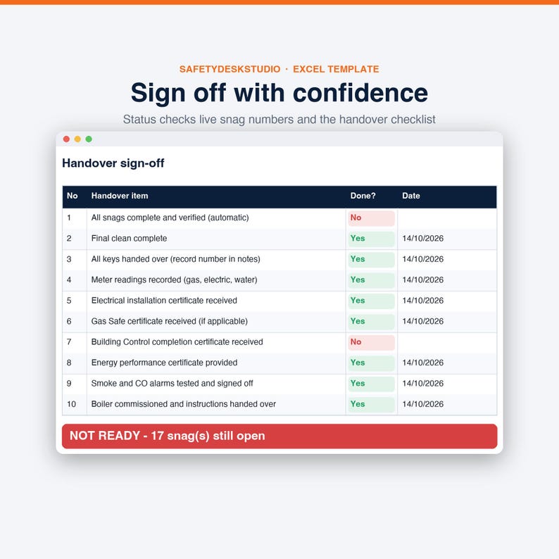 Modello per la lista dei difetti / Strumento di monitoraggio dei difetti di costruzione, lista di controllo finale e checklist di consegna / Modello per Excel e Fogli Google immagine 7