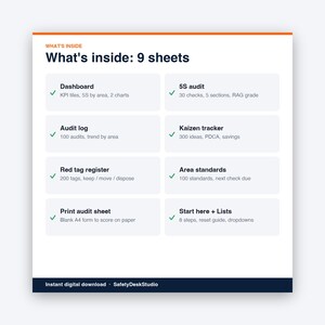 Modello Excel per la checklist di audit 5S / Dashboard di valutazione, tracker Kaizen e registro delle etichette rosse immagine 2