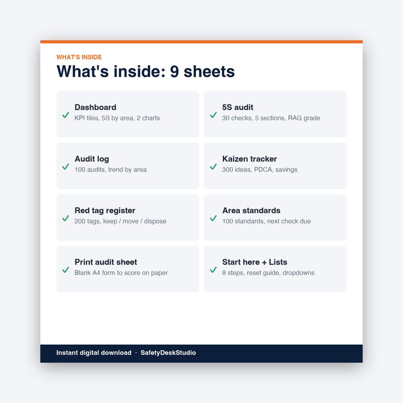 Modello Excel per la checklist di audit 5S / Dashboard di valutazione, tracker Kaizen e registro delle etichette rosse immagine 2