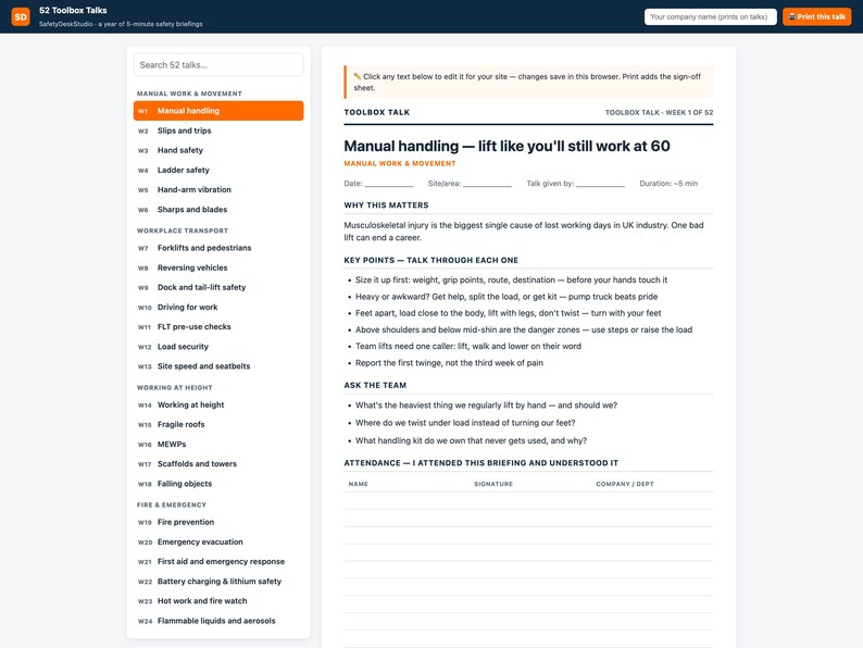 52 charlas de seguridad / Un año de sesiones informativas de seguridad de 5 minutos con hojas de firma / Editable e imprimible / Seguridad en obras de construcción y almacenes imagen 3