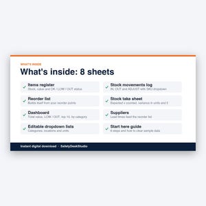 Inventory Spreadsheet | Stock Tracker with Reorder List and Stock Take Sheet | Small Business Inventory | Excel & Google Sheets Template image 2