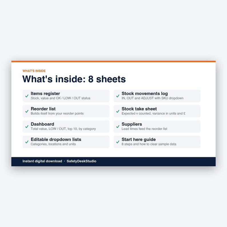 Inventory Spreadsheet | Stock Tracker with Reorder List and Stock Take Sheet | Small Business Inventory | Excel & Google Sheets Template image 2