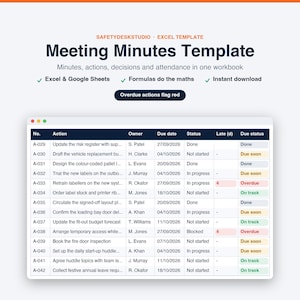 Meeting Minutes Template, Action Item Tracker and Decision Log | Meeting Notes Spreadsheet | Excel & Google Sheets Template image 1