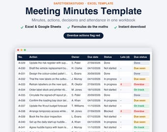 Meeting Minutes Template, Action Item Tracker and Decision Log | Meeting Notes Spreadsheet | Excel & Google Sheets Template