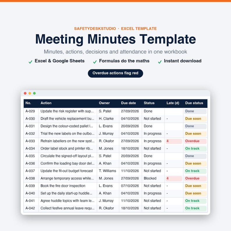 Meeting Minutes Template, Action Item Tracker and Decision Log | Meeting Notes Spreadsheet | Excel & Google Sheets Template image 1