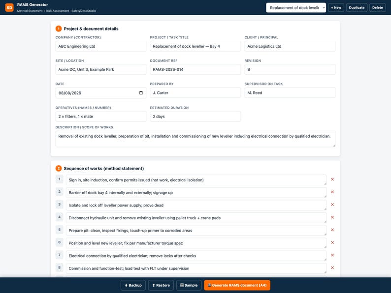 RAMS-Generator | Web-App zur Erstellung von Arbeitsanweisungen und Risikobewertungen | Bibliothek mit 25 Gefahren, 5x5-Bewertung, druckfertiges A4-Format | Für Bauunternehmen in Großbritannien Bild 4