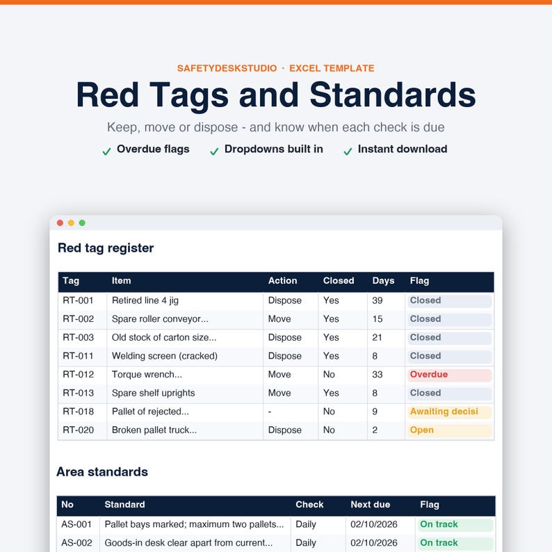 Modello Excel per la checklist di audit 5S / Dashboard di valutazione, tracker Kaizen e registro delle etichette rosse immagine 6