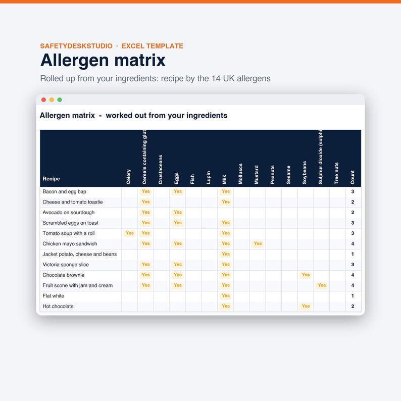 Rezeptkostenkalkulation | Lebensmittelkostenrechner, Menükalkulation, Menügestaltung, Allergenmatrix | Vorlage für Excel und Google Tabellen Bild 6