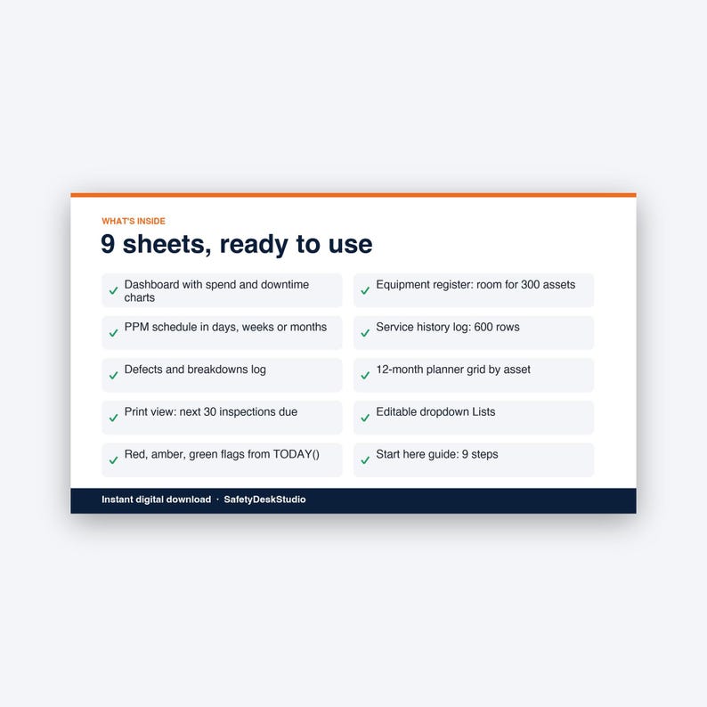 Sjabloon voor onderhoudsschema | Apparatuurregister, activa-tracker, PPM-, LOLER- en PUWER-logboek | Sjabloon voor Excel en Google Sheets afbeelding 2