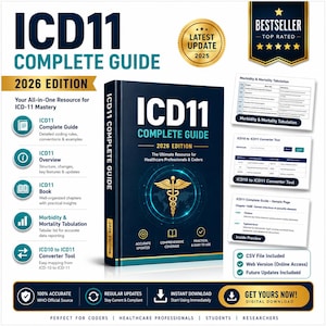 Pode incluir: Um livro azul escuro ICD-11 Complete Guide 2026 Edition com um símbolo de caduceu dourado na capa. A imagem inclui texto detalhando capítulos, tabulação de morbidade e mortalidade, uma ferramenta de conversão de ICD-10 para ICD-11 e acesso digital.